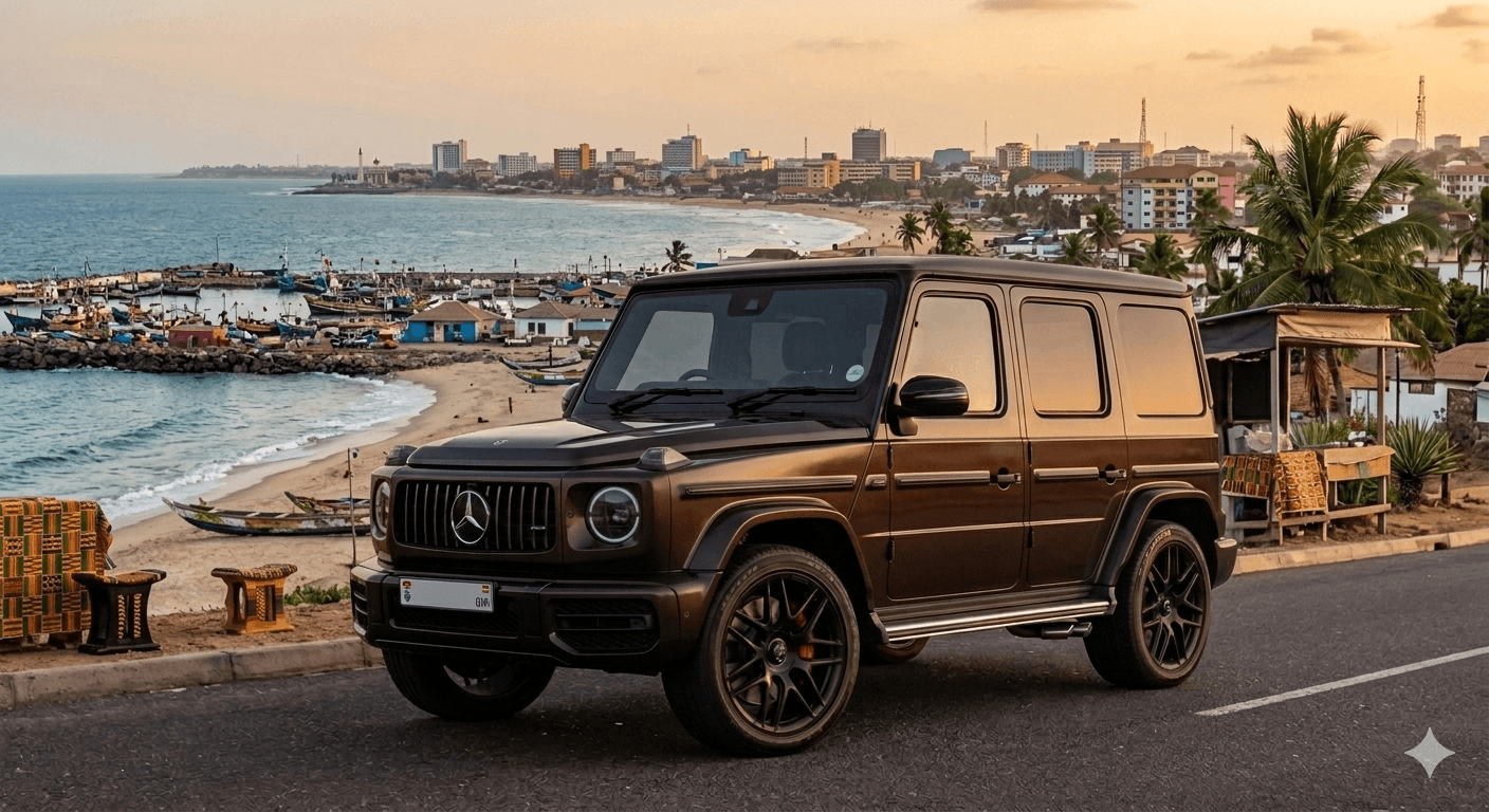 Matte brown Mercedes-AMG G63 on the Accra waterfront with fishing harbour at sunset