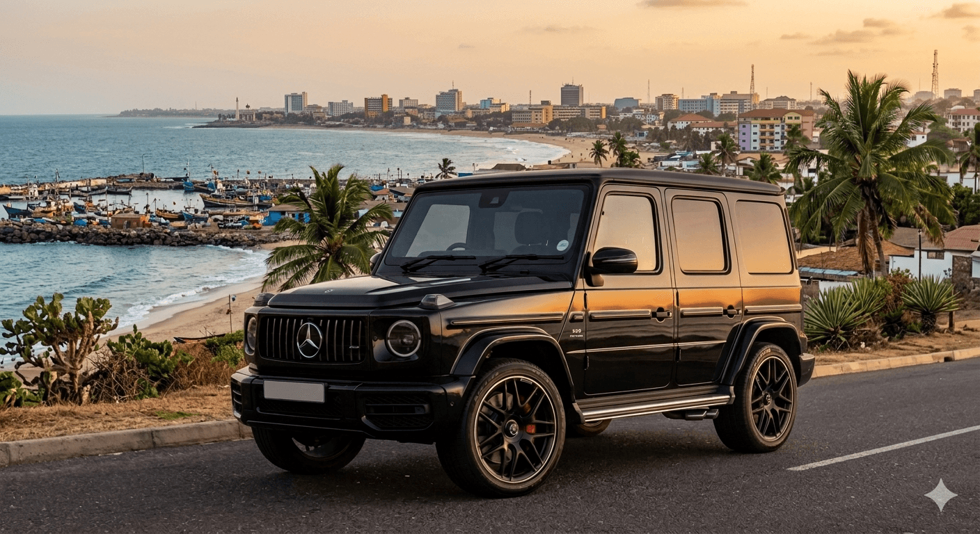 Black Mercedes-AMG G63 parked on the Accra coastline at golden hour