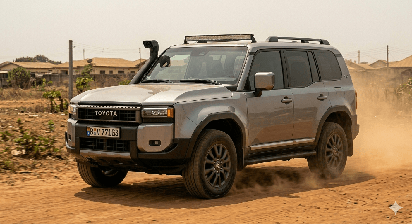 Toyota Land Cruiser 70-series V8 driving on a dust road in Ghana